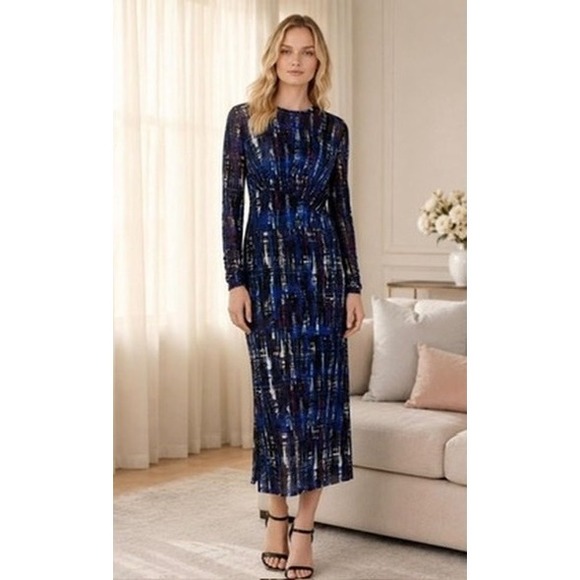 Dkny Dresses & Skirts - DKNY Mesh Midi Dress Womens Blue Abstract Ruched Long Sleeve 4 NWT